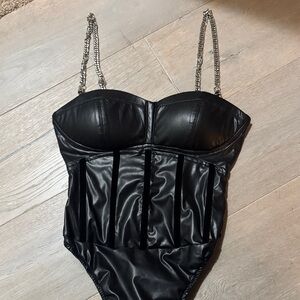 Maniere De Voir Faux Lether Bodysuit w/ silver metal straps